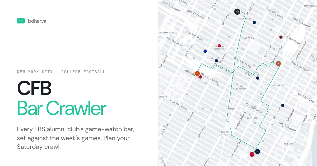 NYC CFB Bar Crawler: a crawl route between college football alumni bars in Midtown Manhattan