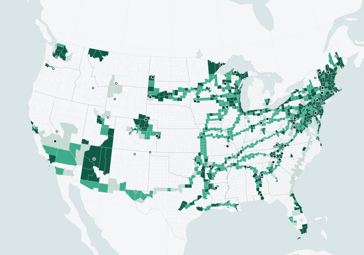 A map of US counties shaded by time spent